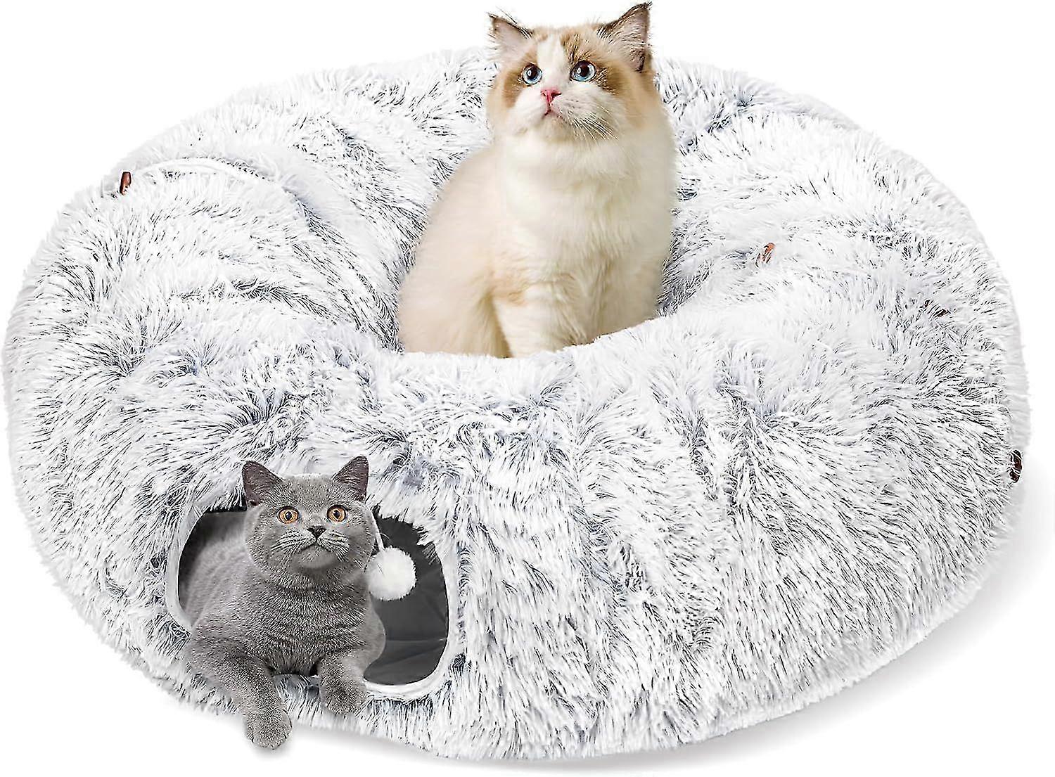 Plush Cat Tunnel Bed For Indoor Cats, Peekaboo Cat Cave With Washable Soft Play Mat, Furry Cat Tube, For Kitten/puppy/rabbit