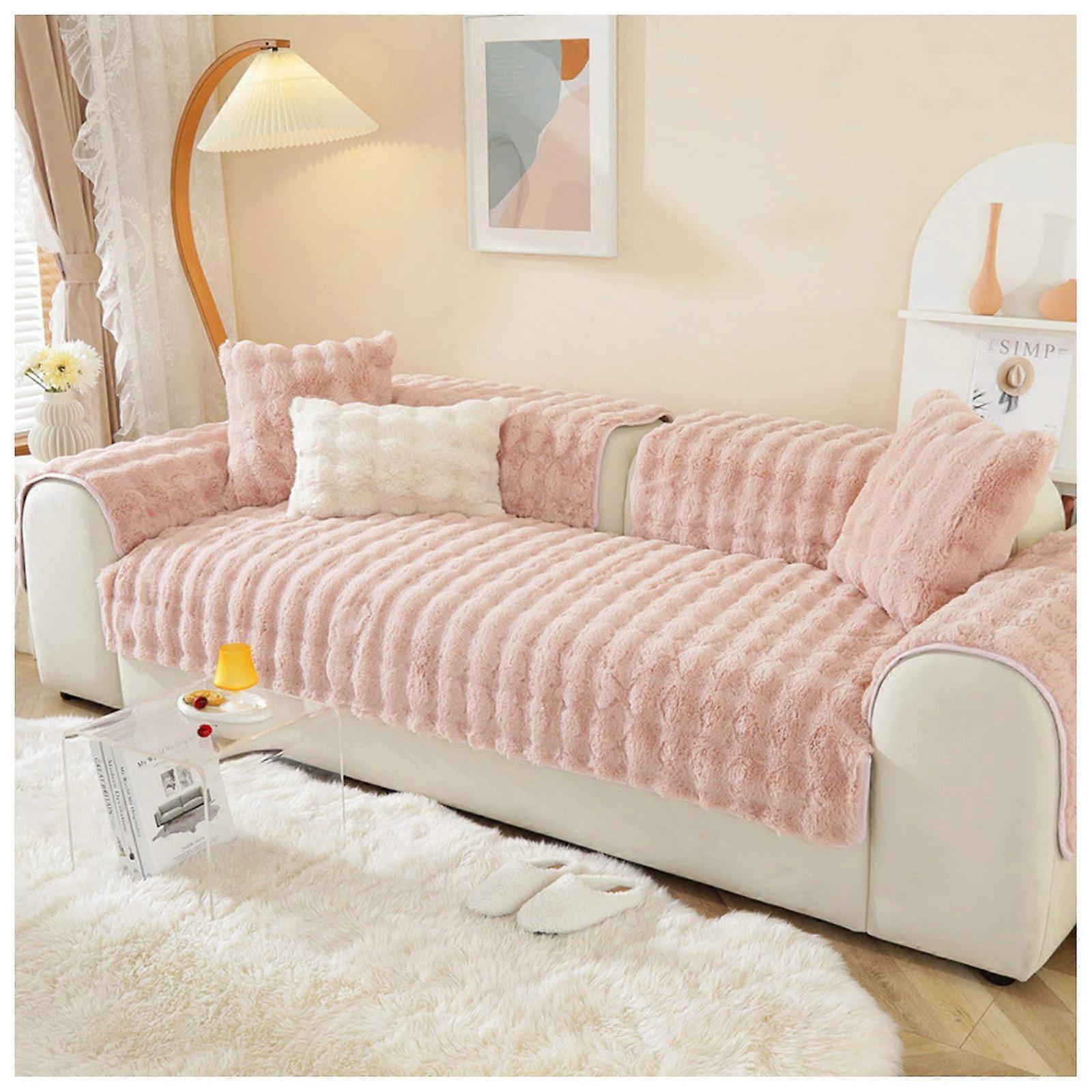 Cosy Plush Non-Slip Sofa Cover, Thick Rabbit Plush Seat Cover, Pink Lumbar Pillow 30x50cm for Autumn Winter
