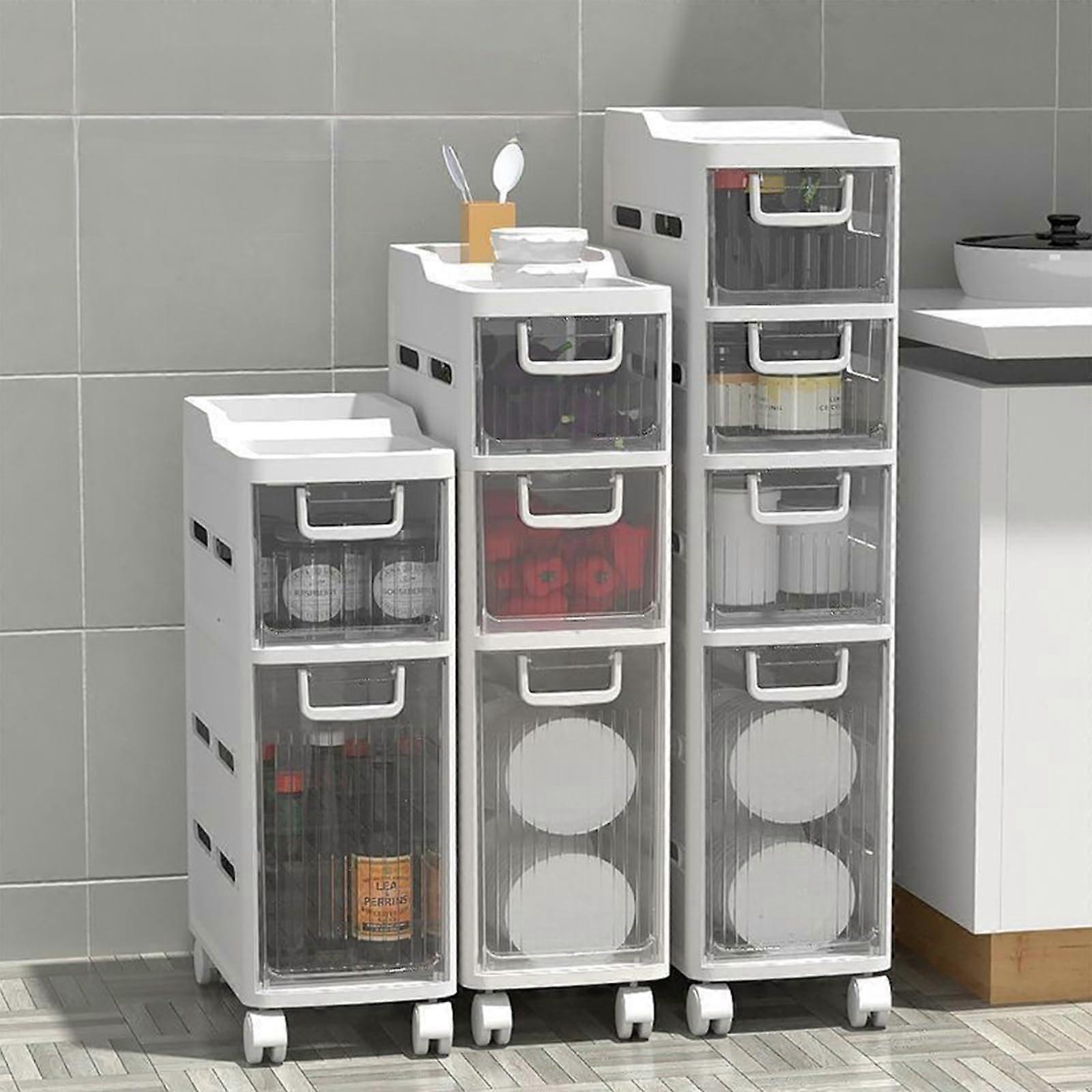 4 Drawer Narrow Storage Drawer Cart Freestanding Corner Cabinet With Clear Drawers And Silent Casters For Small Space