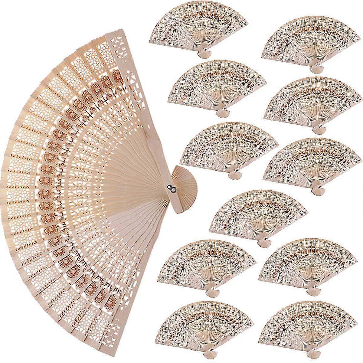12 قطعة مروحة خشب الصندل ، 8 بوصة خشبية صينية مخرمة شخصية مروحة قابلة للطي لحفل زفاف ديكورات المنزل