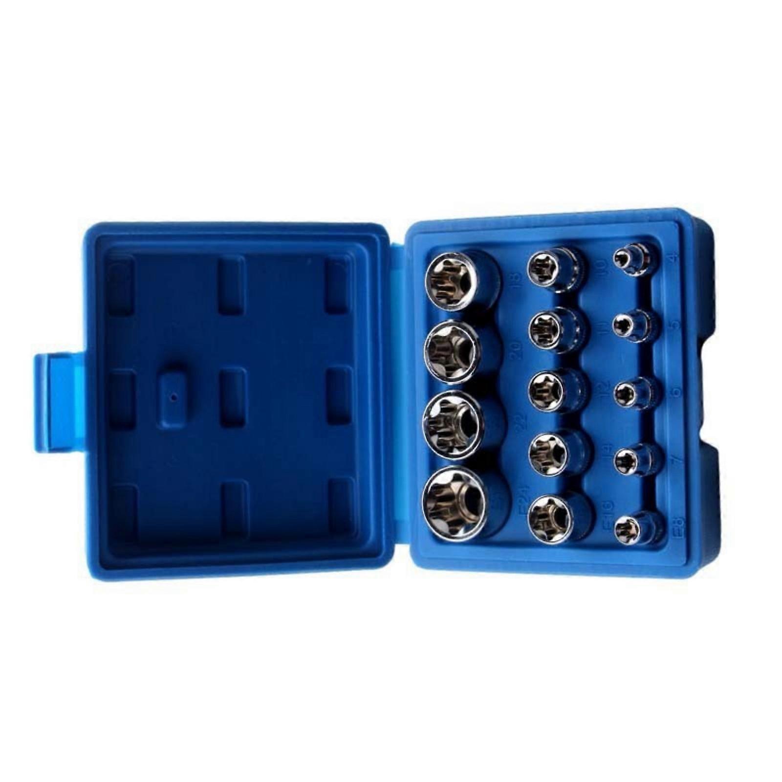 14Pcs E4-E24 Star Socket Set Wrench Head Auto Repair Tool External Star Socket Set Female Socket Set with Storage Case  Blue