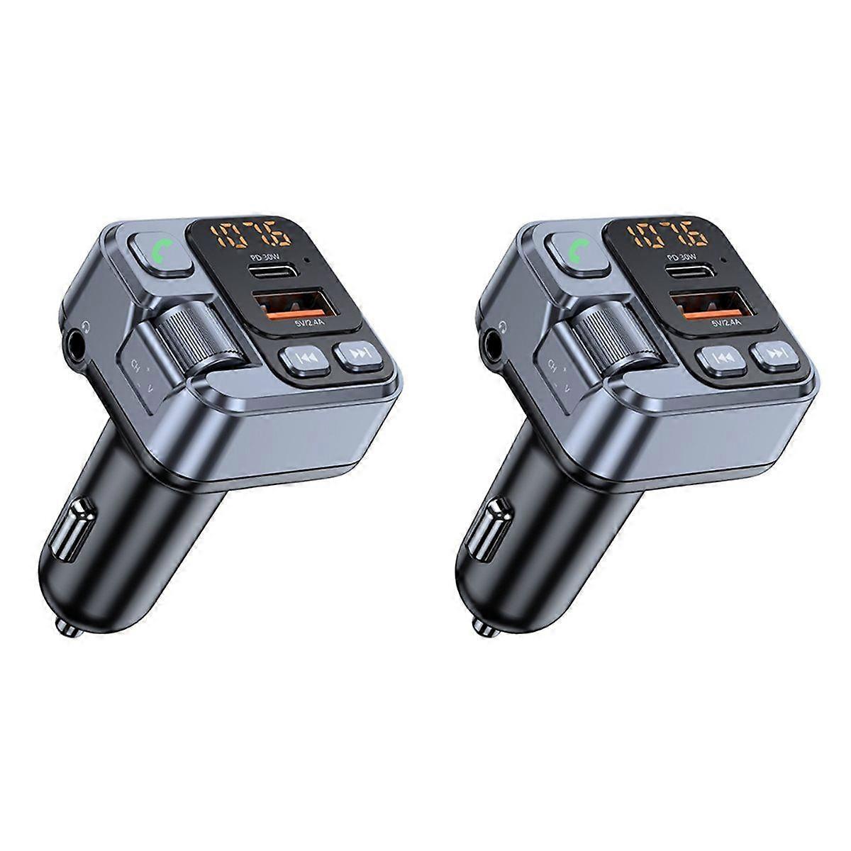 2PCS Car Bluetooth FM Transmitter Car Charger 30W PD USB-C Fast Charger for Wireless Hands Free Call