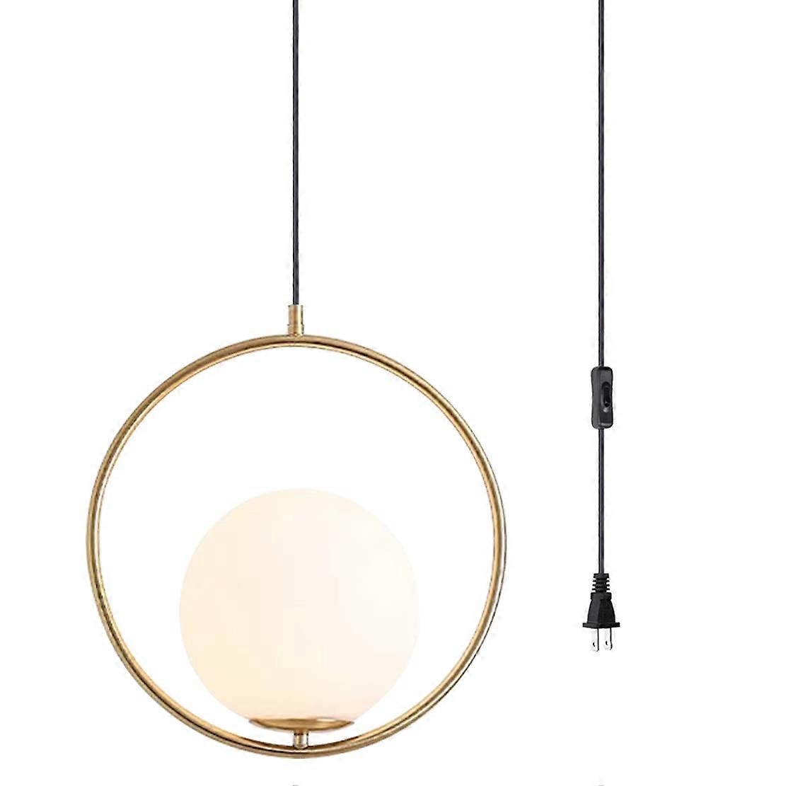 Large White Globe Pendant Light with Brushed Gold Frame, Adjustable Plug in Cord, 13.8'