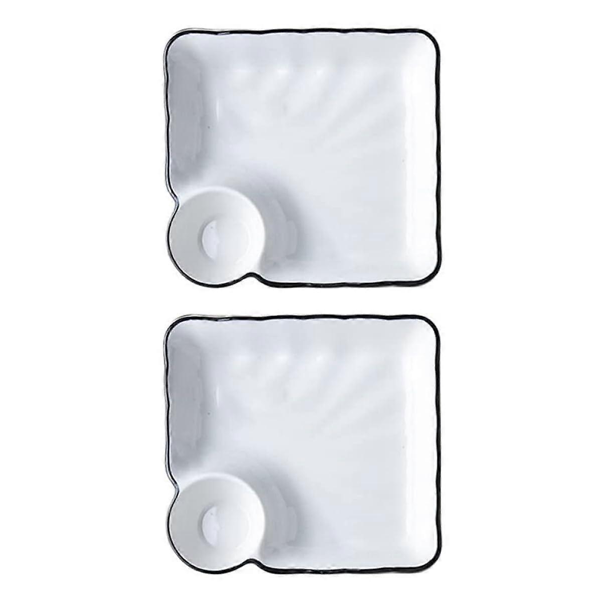 2Pcs Japanese Style Ceramic Sushi Plate with Sauce Dish for Appetizers and Dumplings Serving