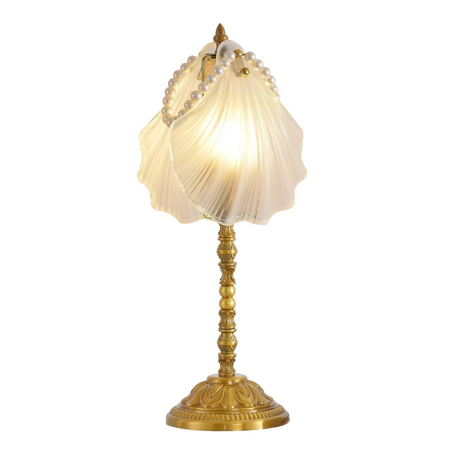 Coastal Table Lamp with Retro Shell Glass Shade and Golden Base for Bedroom and Living Room