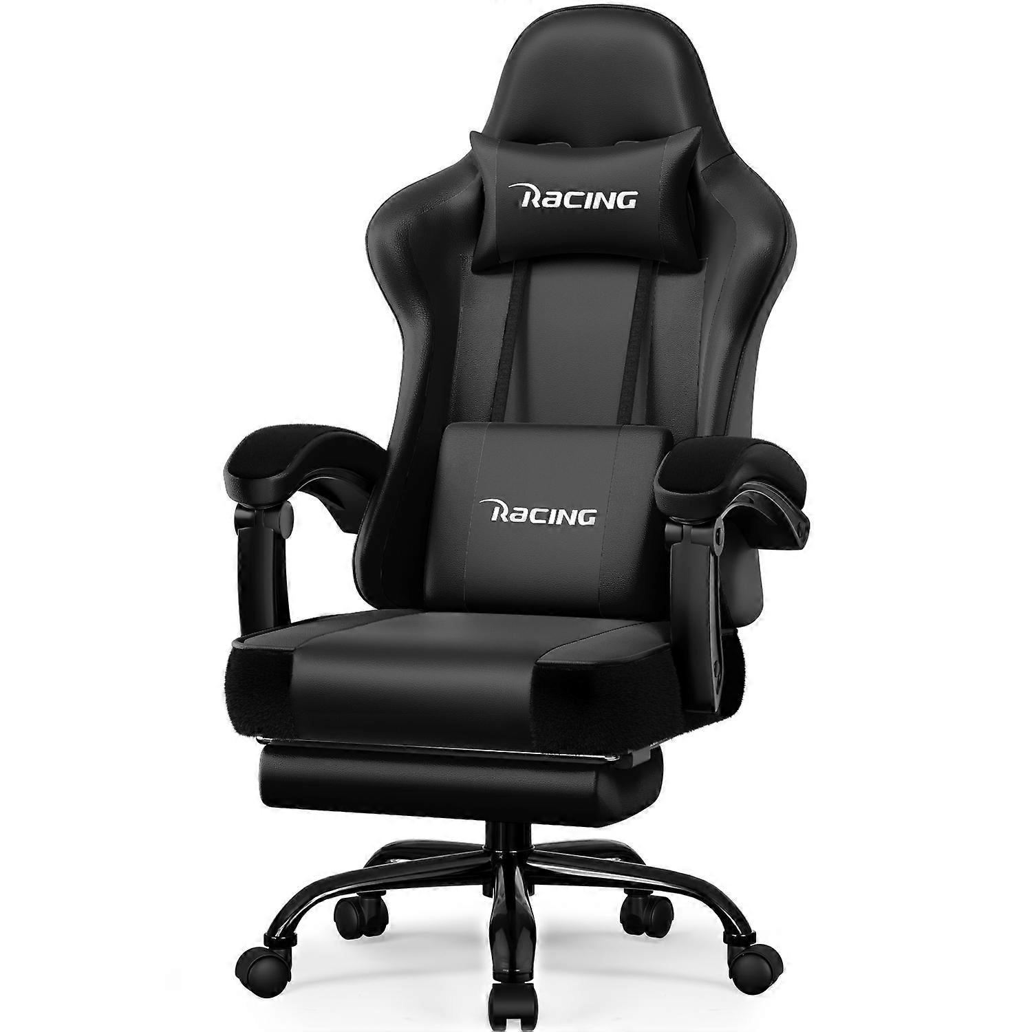 Gaming-Stuhl, ergonomischer Gaming-Stuhl mit Fußstütze, Kopfstütze und Lendenkissen, drehbar, ergonomische Neigungsfunktion bis zu 170°, bis 150 kg belastbar, Schwarz