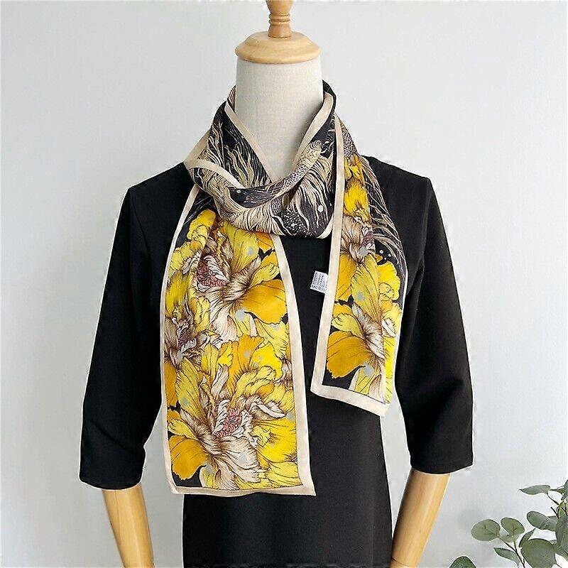 100% Mulberry Silk Long Scarf Women Vintage Yellow Flower Neckerchief 150*15cm