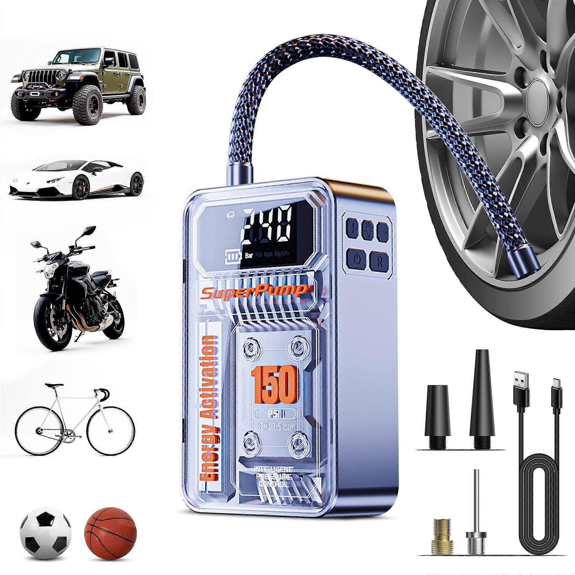 Portable Tire Inflator 150PSI Cordless Air Compressor with LED Light Auto ShutOff for Car Bike