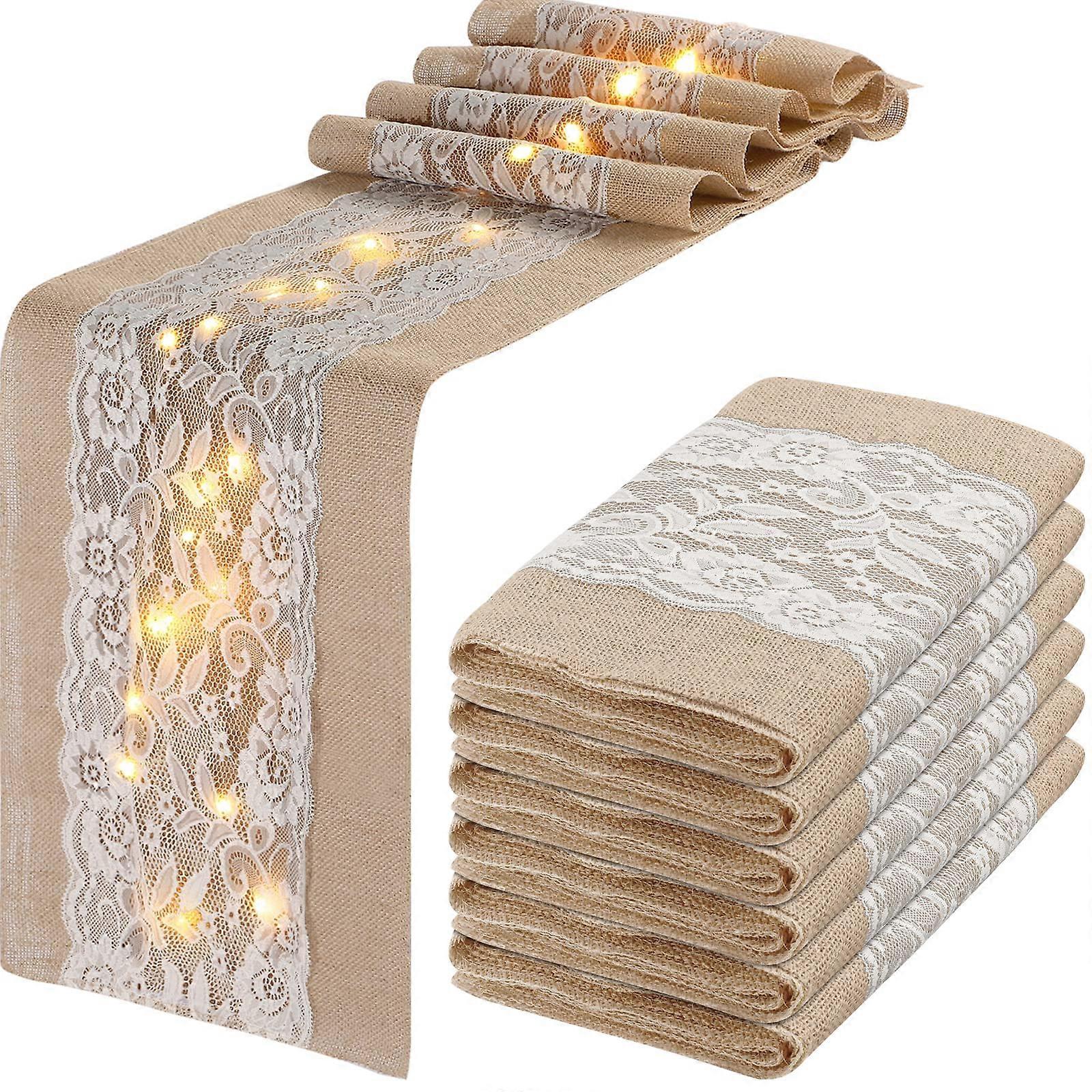 6 Pcs Burlap Table Runner with LED String Lights Rustic Lace Design for Wedding and Party Decor