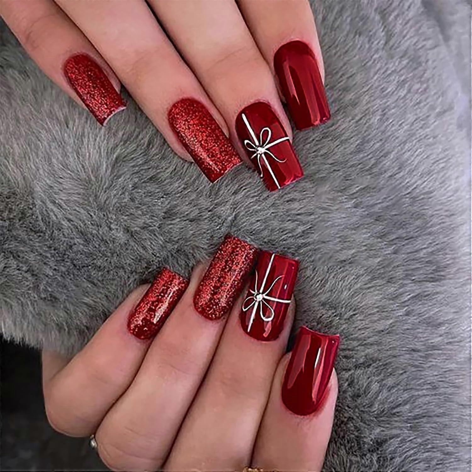 Press on Nails Red Glitter Medium Square Fake Nails with Bow Coffin Shape Reusable Acrylic Set