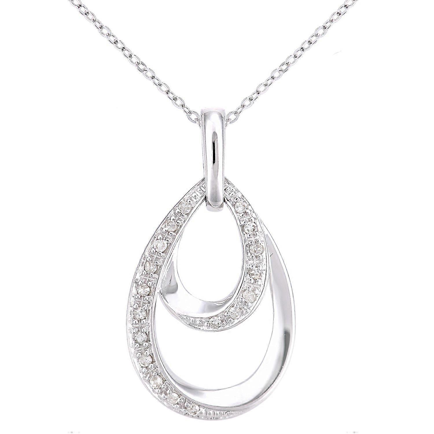 Jewelco London 9ct White Gold Round 7pts Diamond Avocado Twist Raindrop Pendant Necklace 18 inch 46cm