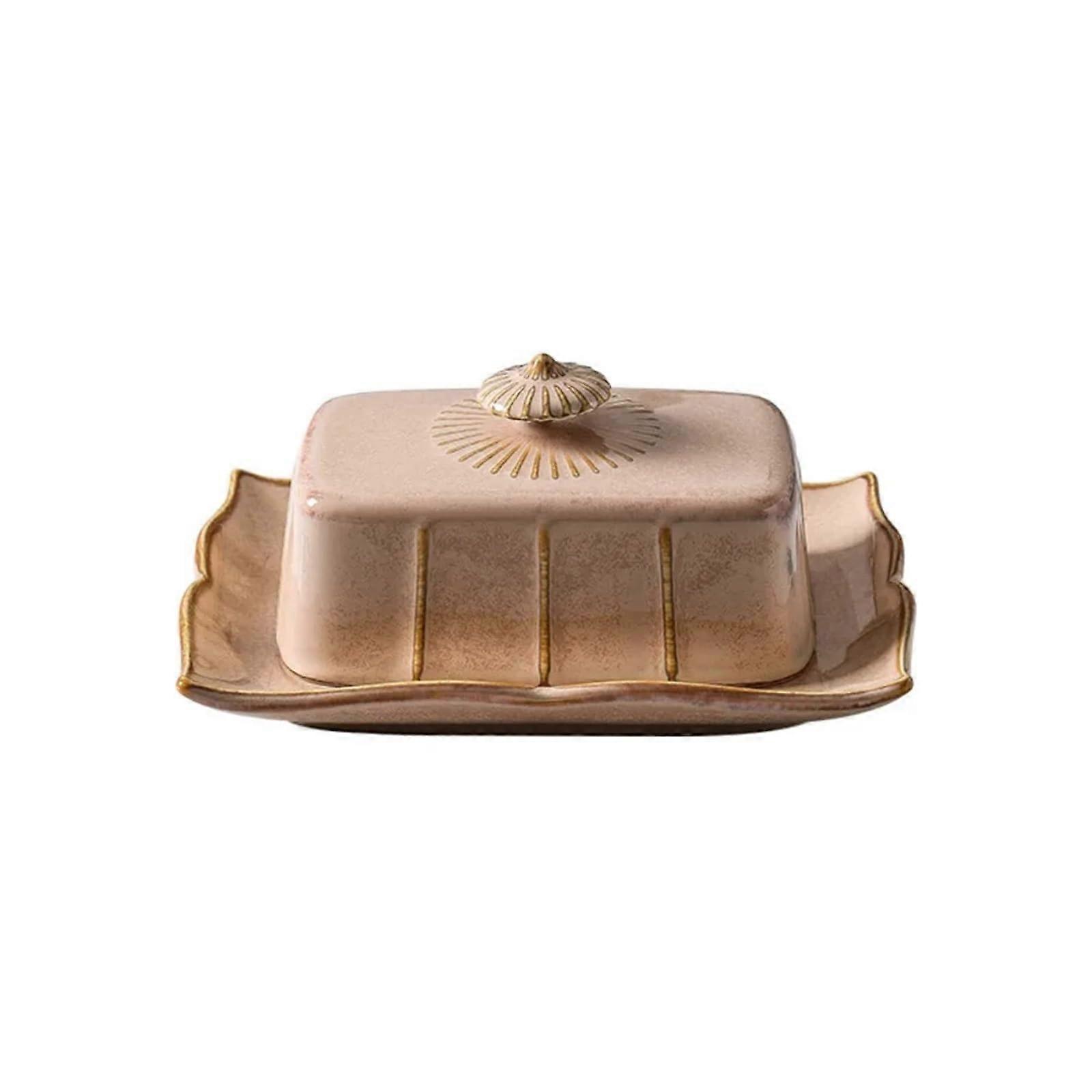 Butter Dish Ceramic with Lid Rectangular Khaki Freshness Lock for Kitchen Butter Storage