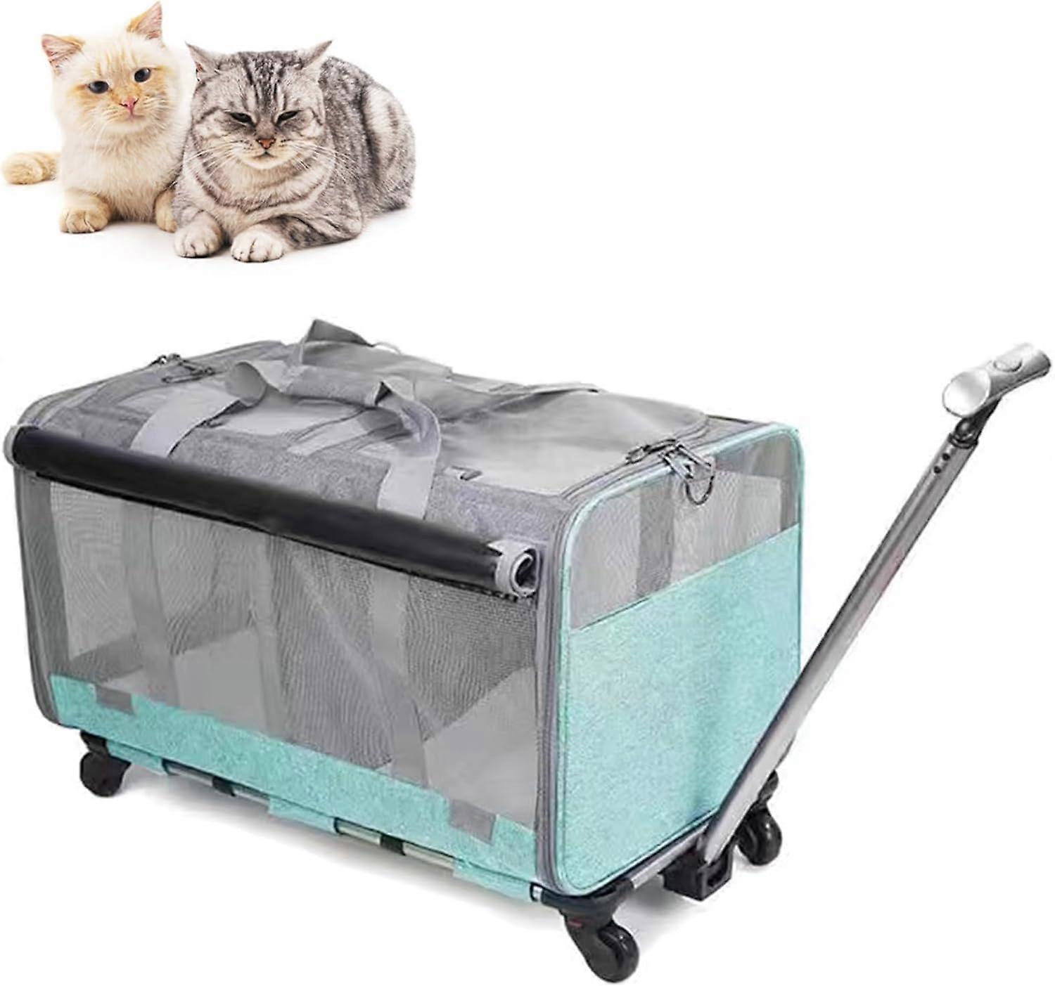 Rolling Pet Carrier for Two Cats with Wheels, Double Compartment Design, Foldable, Grey Green