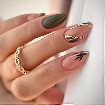 Leaf Press on Nails Dark Green Fake Nails, Medium Press on Nails Almond Shape Fall False Nail Tips Green Leaves Glue on Nails Reusable Stick on Nails