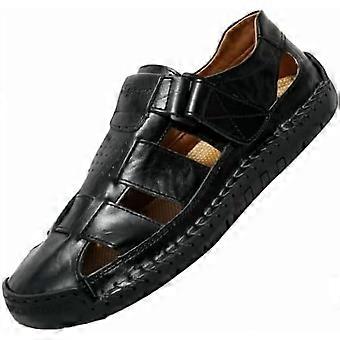 Men's Leather Hollow Out Hook Loop Flat Fisherman Sandals Closed Toe Head Soft Bottom Hand Stitching Wading Sandals Summer Comfort Anti-Slip Casual Wa
