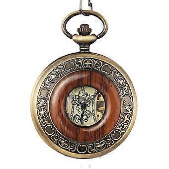 Vintage Wood Grain Skeleton Pocket Watch Bronze Quartz Steampunk Pendant Gift