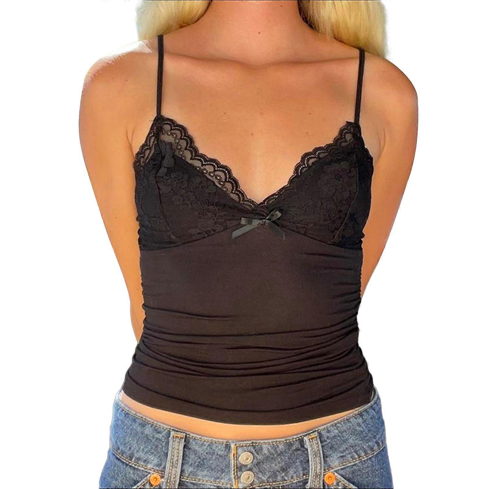 Women's Lace Patchwork Cami Tops Summer Spaghetti Strap V Neck Camisole Basic Tank Tops