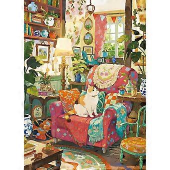 Cozy Room Jigsaw for Adults -Challenging Cat Bookshelf Living Room Scene AZQ1417