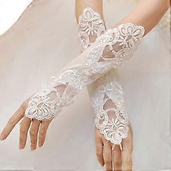 Luvas longas de cetim para casamento, estilo ópera, sem dedos, com renda, glitter e lantejoulas, cor sólida, até o cotovelo, brancas, DSW