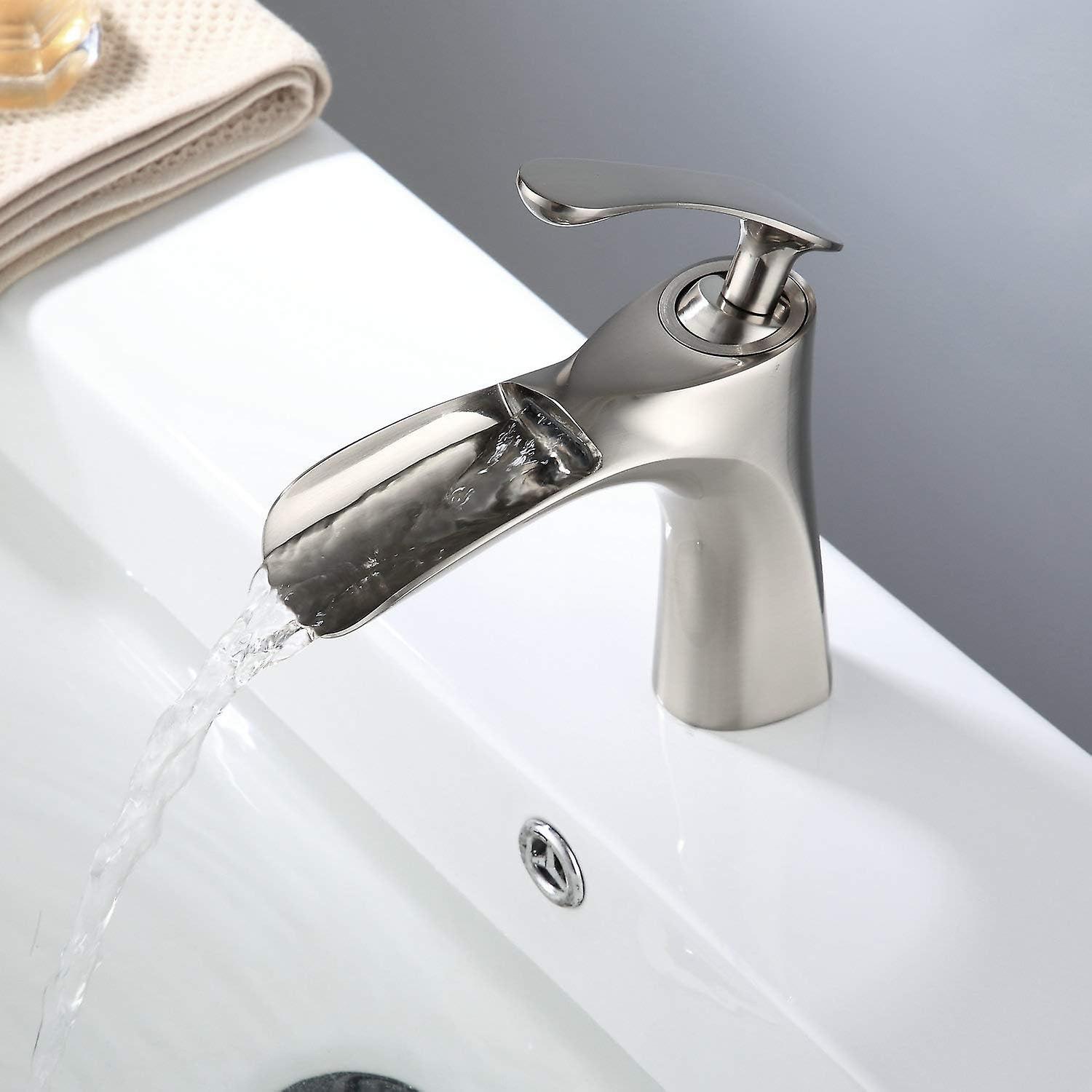 Bathroom Sink Faucet Waterfall Spout Brushed Nickel Basin Faucet With Single Handle