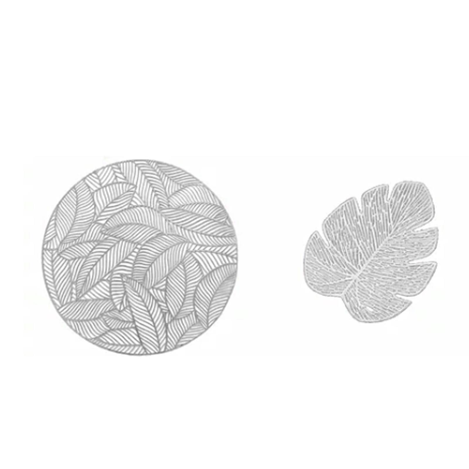 Placemats and Coasters Set Hollow Insulation 6 Pcs Round Dining Table Place Mats and 6 Pcs Leaf Shape Cup Coasters Silver 