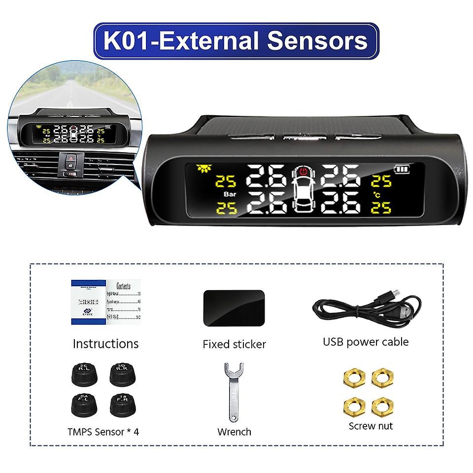 Yanace K01 Tpms Car  Pressure Sensor Auto Security Alarm Systems Digital Display Solar  Tyre Pressure Tire Monitor Tire