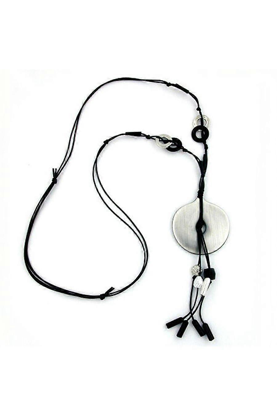 Necklace Disk Antique-silver Cord Black 90cm - Gl02787