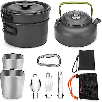 Veeki Camping Cookware Mess Kit, Lightweight Pot Pan Kettle with 2 Cups, Fork Spoon Kit for Backpacking, Outdoor Camping Hiking and Picnic