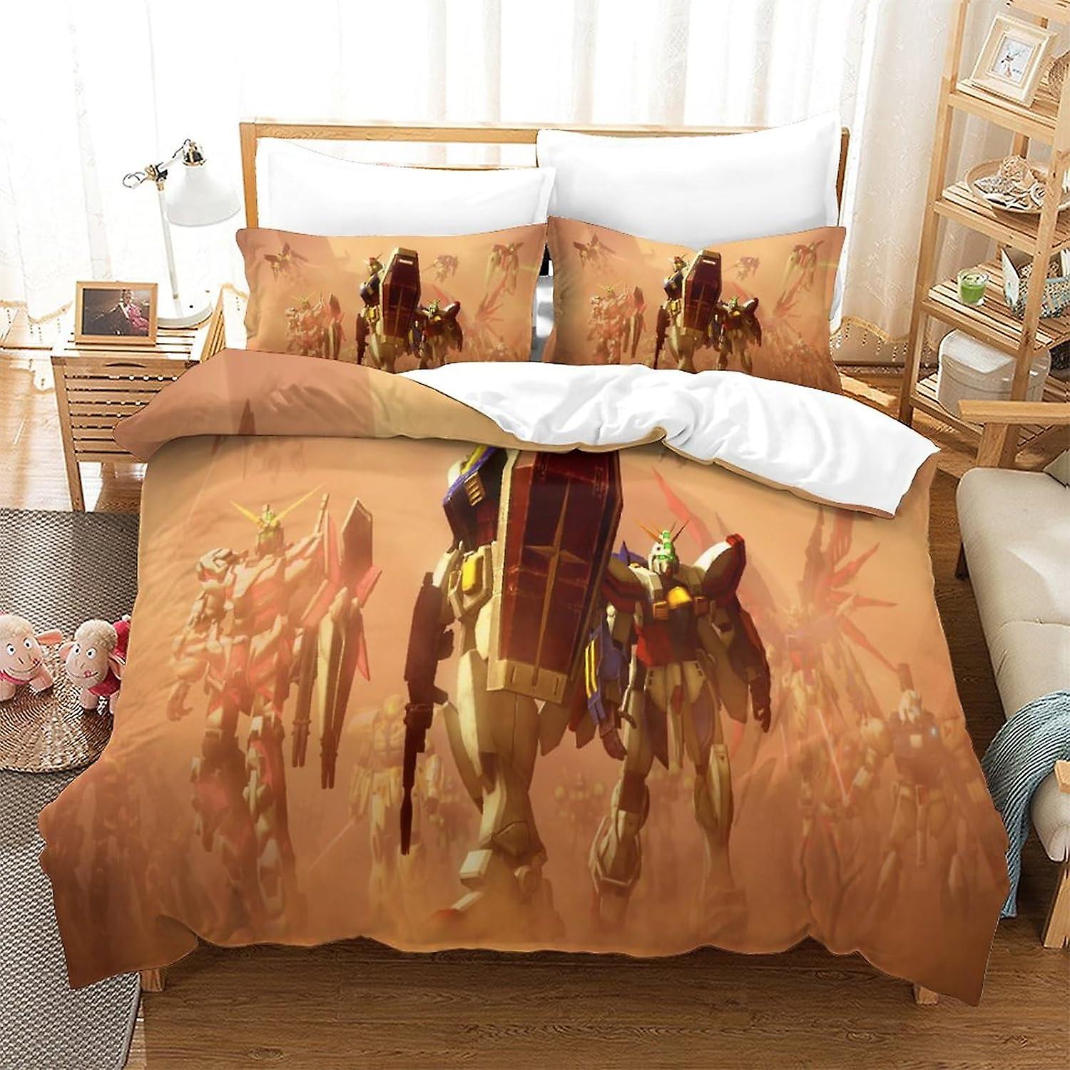 HOUKIG Gundam Påslakan Set 3D-animation Tryckt Sängkläder Påslakan Set 3 Piece Microfiber Soft Bedding Påslakan med dragkedja