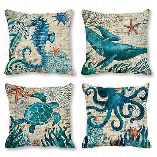 Set Of 4 Halloween Decorative Pillowcases Sea Creatures Pattern