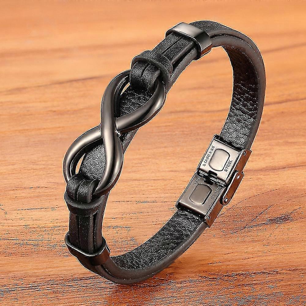 Luxury Genuine Leather Infinity Symbol Mens Bracelet Stainless Steel Buckle