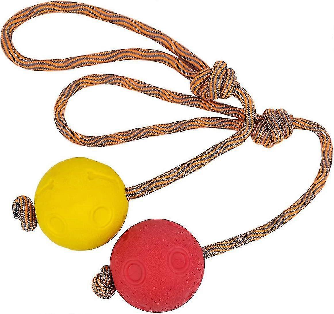 2pcs Ball On Rope Dog Toy Durable Elastic Solid Rubber Ball 7cm (bleu + jaune)