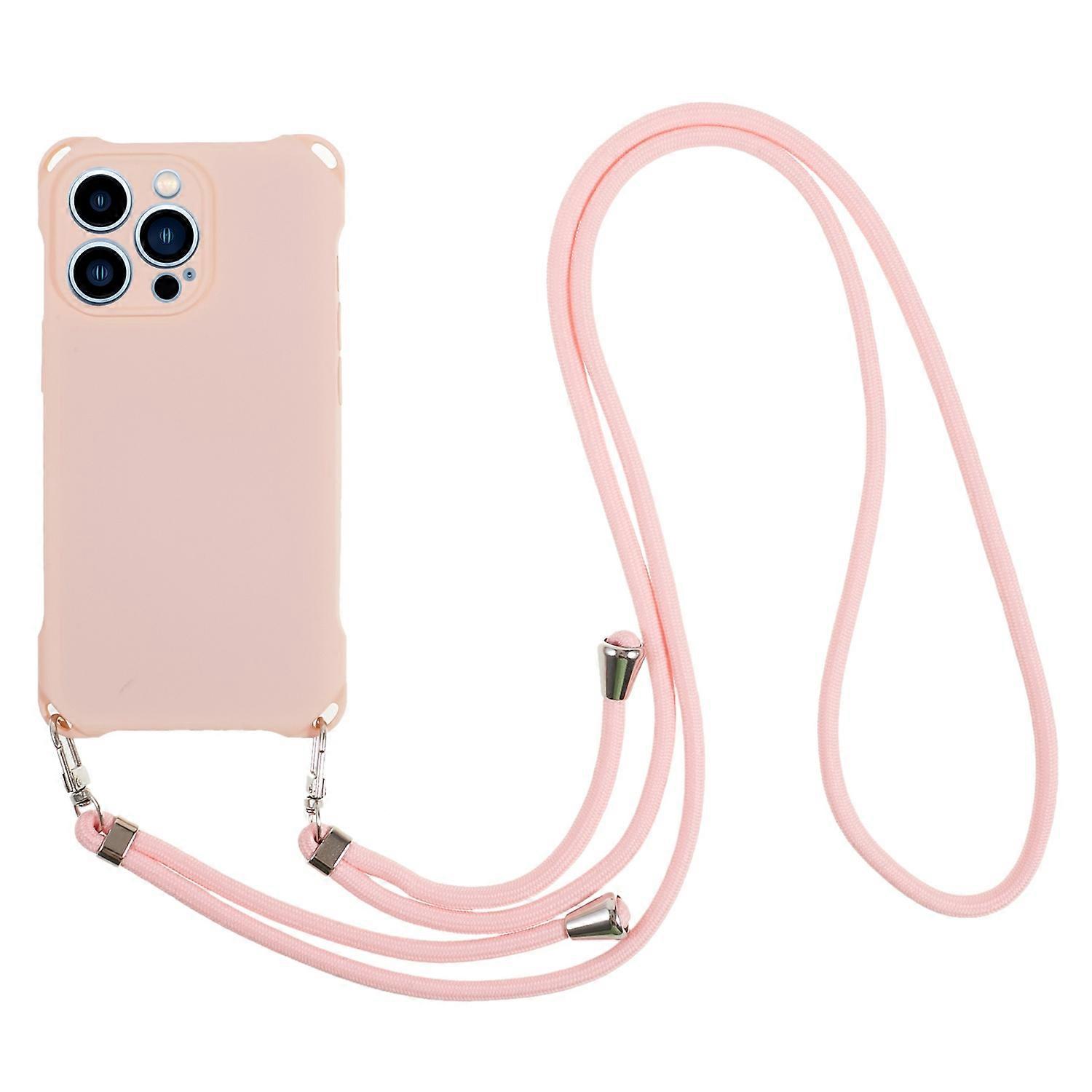 For iPhone 16 Pro Max Case Four Corner Anti Drop TPU Phone Cover with Hanging Rope - Pink