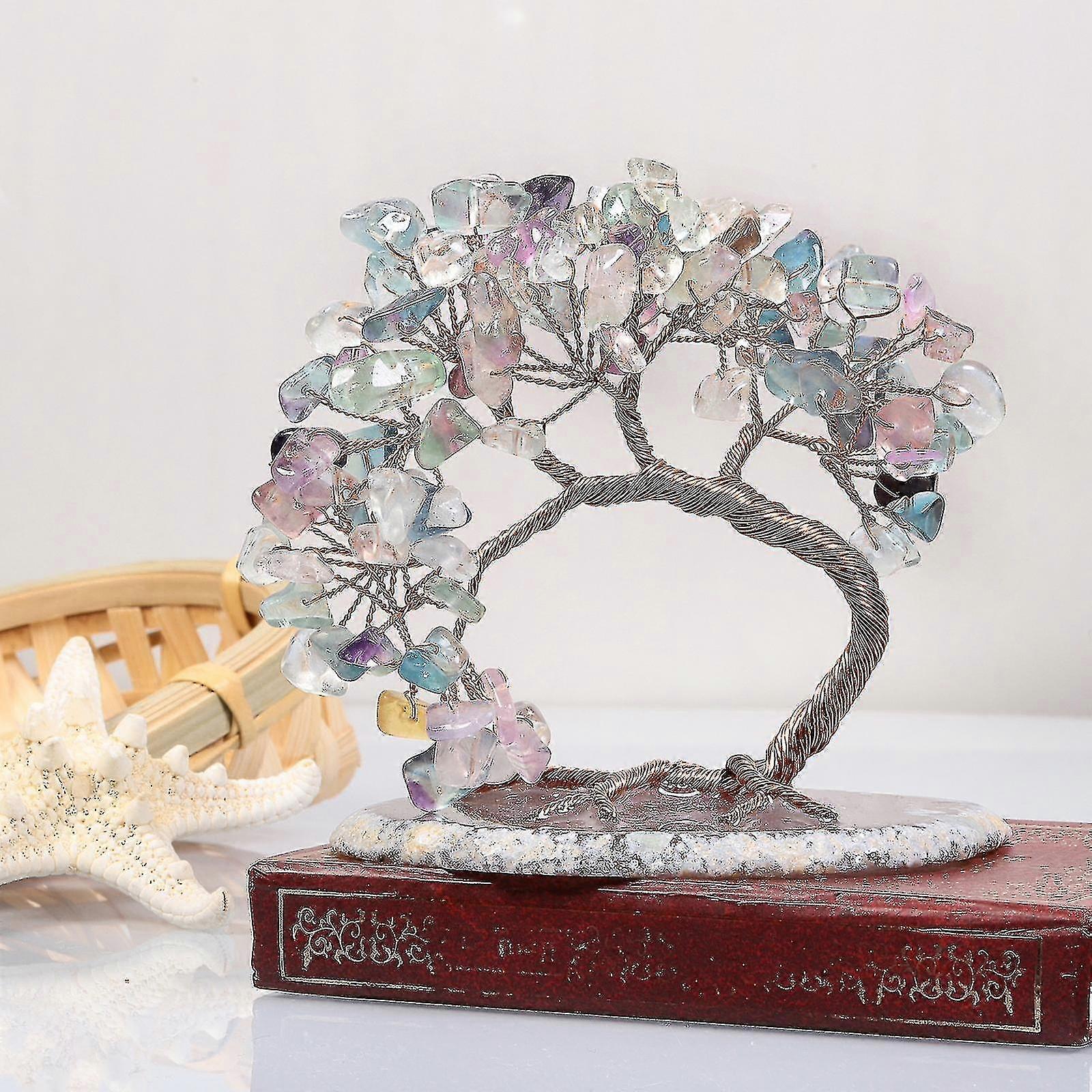 Handmade Colorized Crystal Money Tree For Good Luck Wealth Health, Figurine Bonsai On Natural Agate Slab Ruikalucky