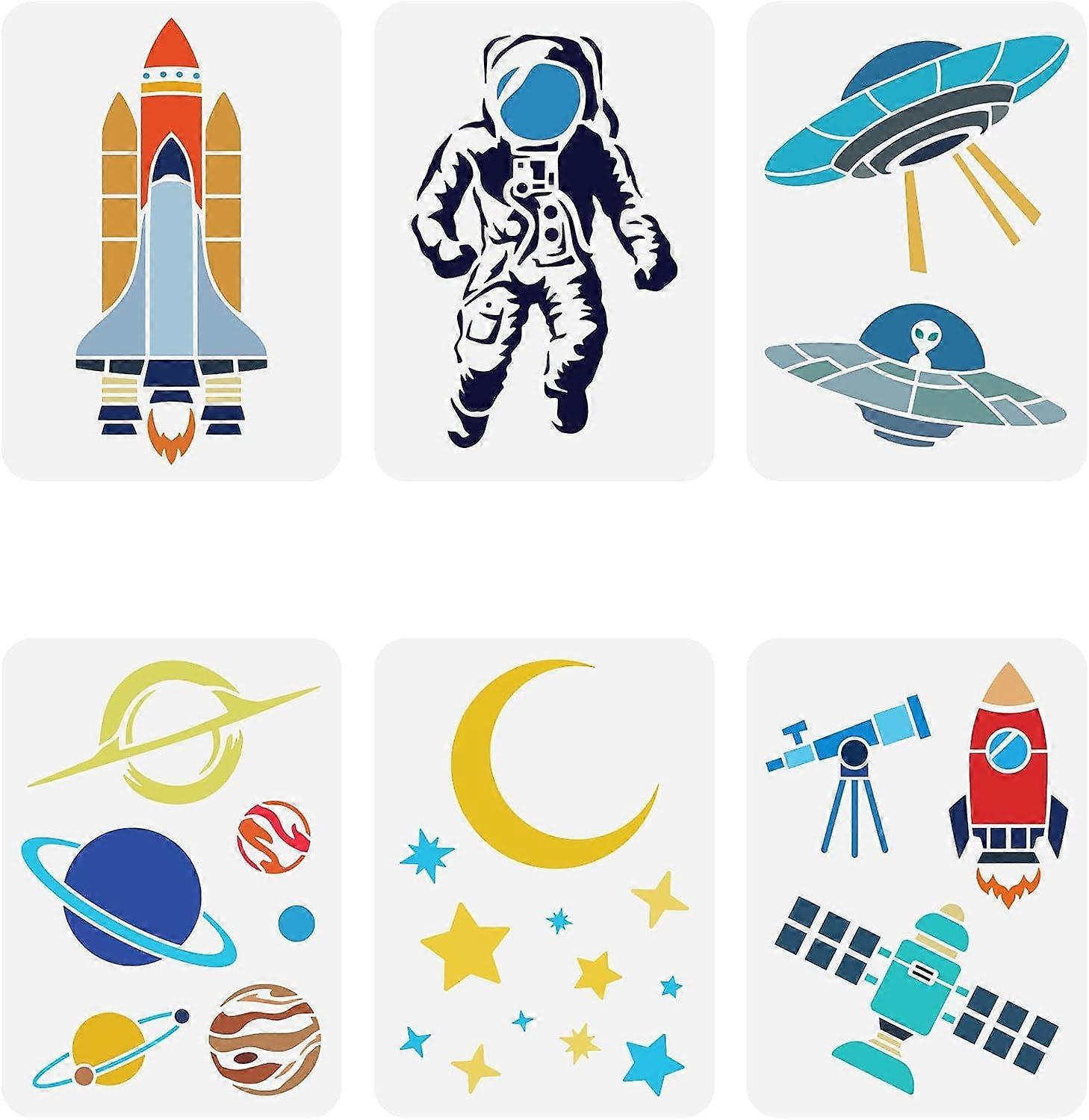 6 pcs Space Theme Stencils 8.3x11.7inch Reusable Astronauts Stars Moon Planets Rockets Astronomical Telescopes Aliens UFO Drawing Template DIY Craft S