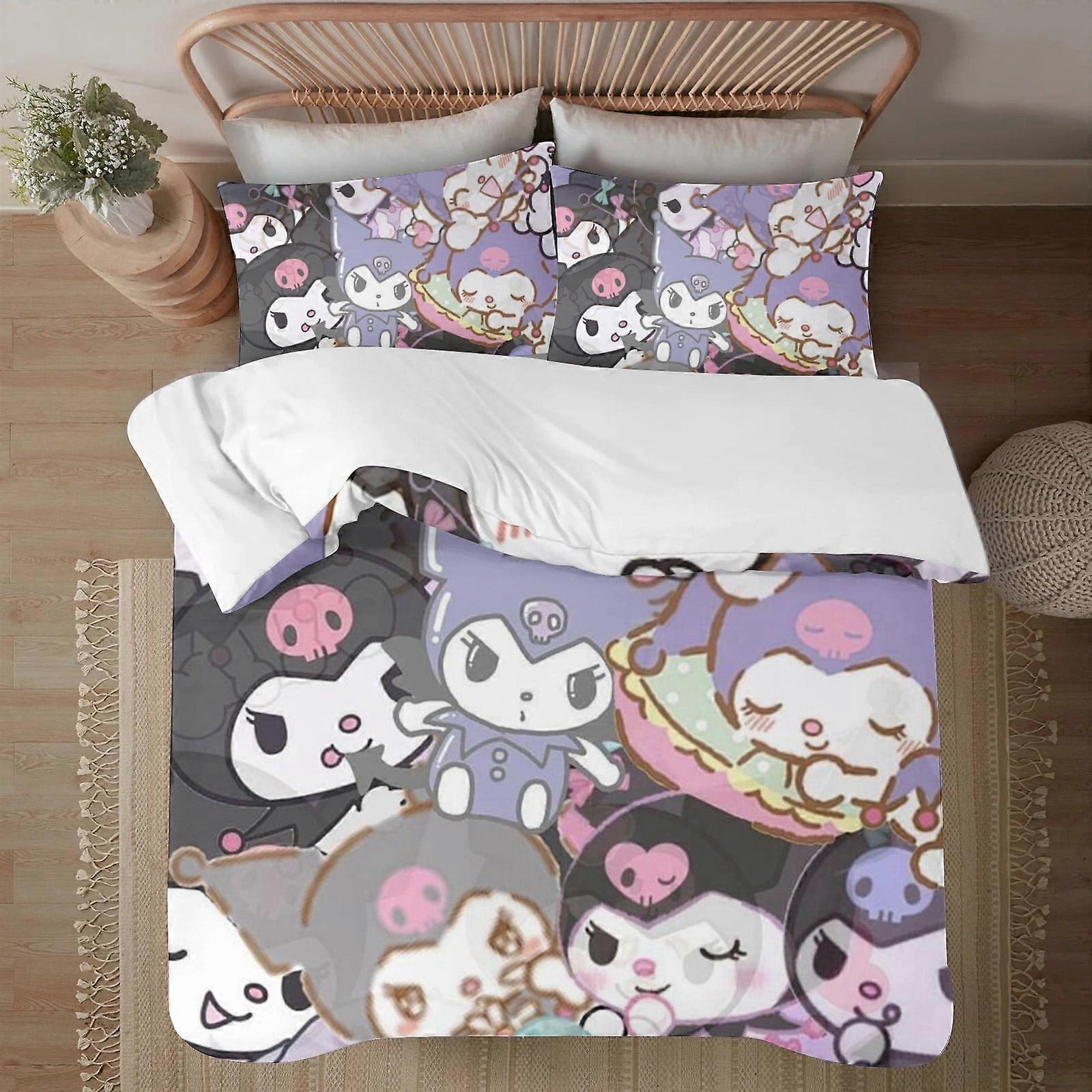 v442 Kuromi Soft Imprimé en 3D Housse de couette Ensemble de literie avec housse de couette L’ensemble de 3 pièces comprend 2 taies d’oreiller et 1 housse lavable en machine ol442