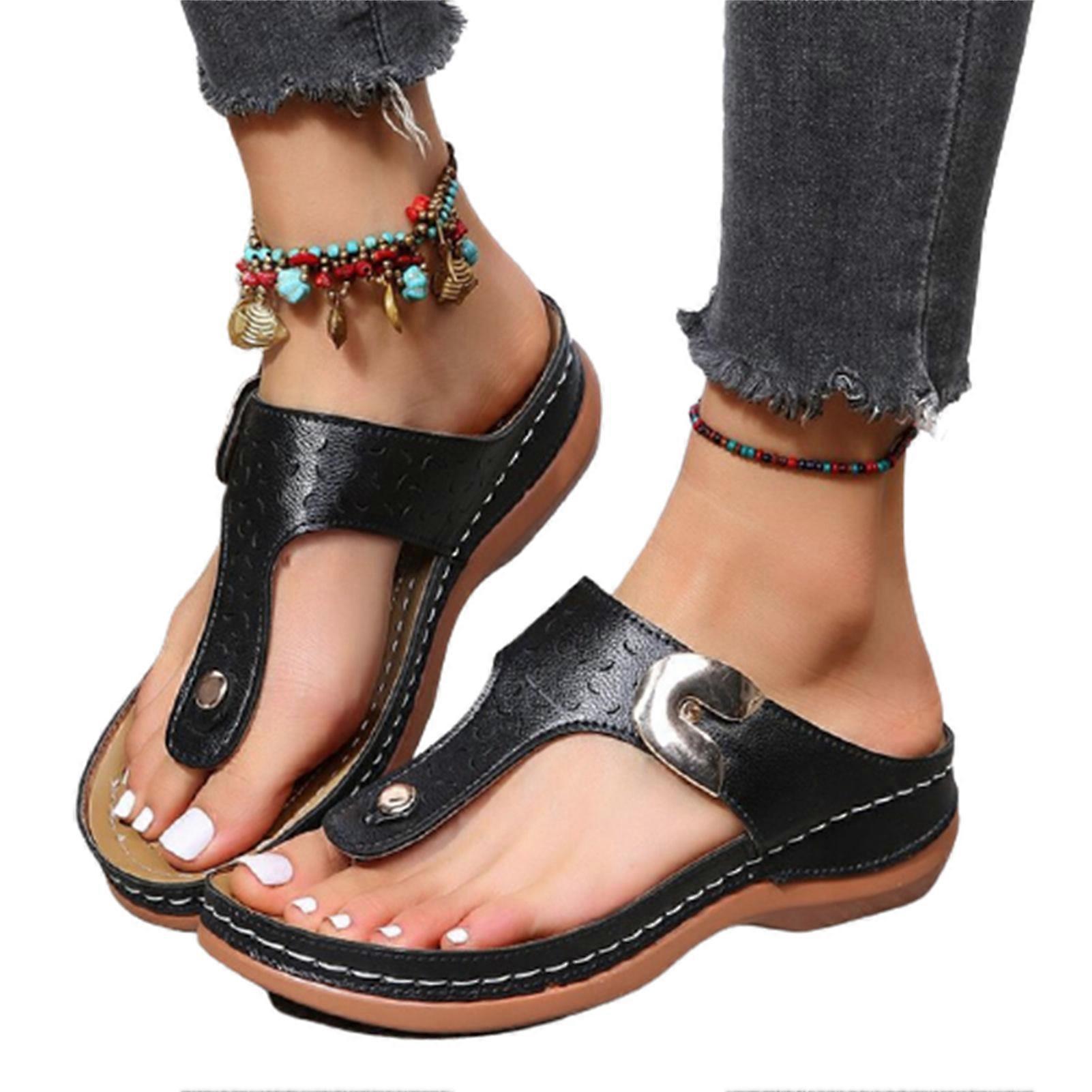 Women PU Leather Wedges Sandals Rhinestone Flip Flops Non-Slip Comfortable Summer Beach