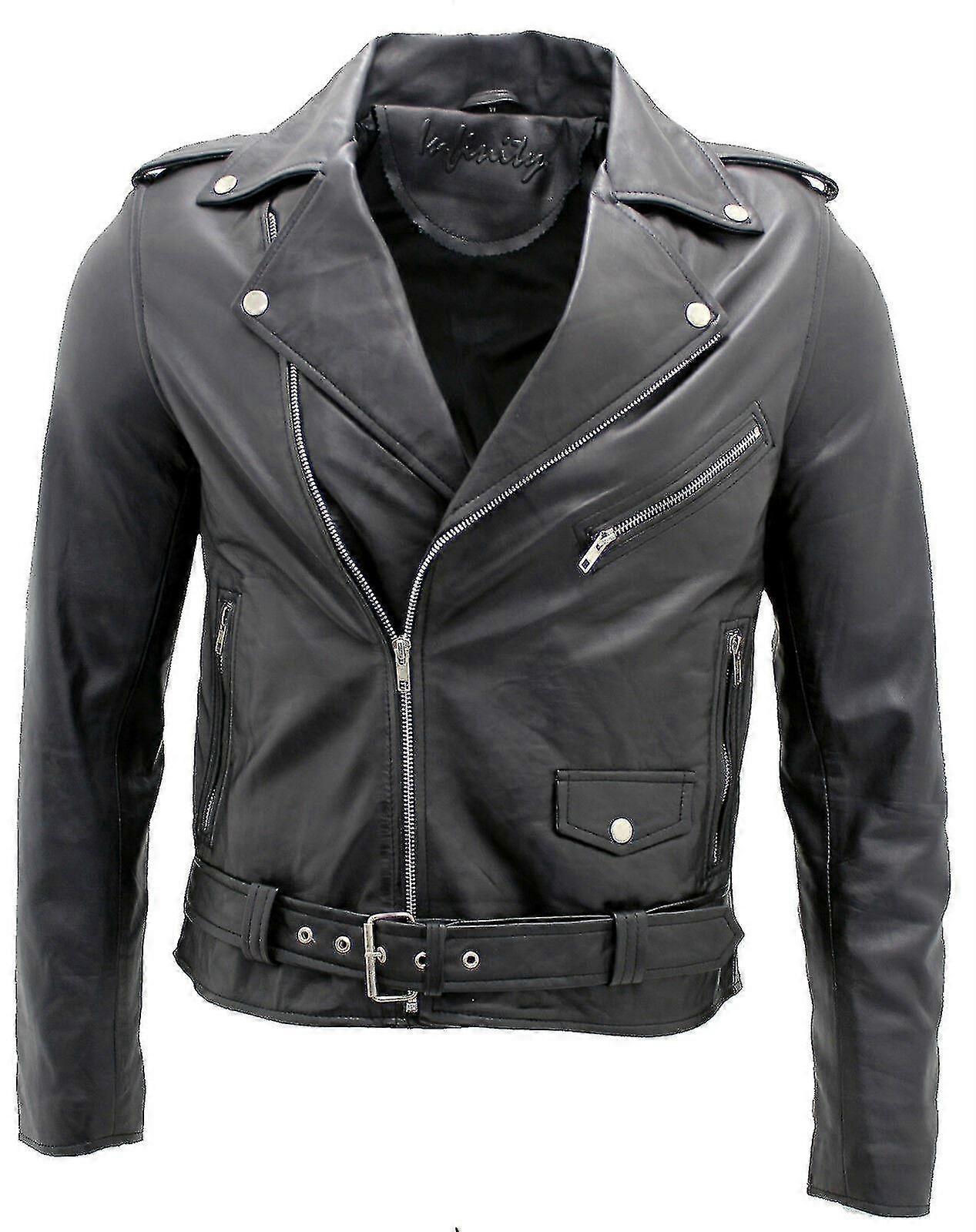 Menn Black Brando Leather Biker Jacket Abc