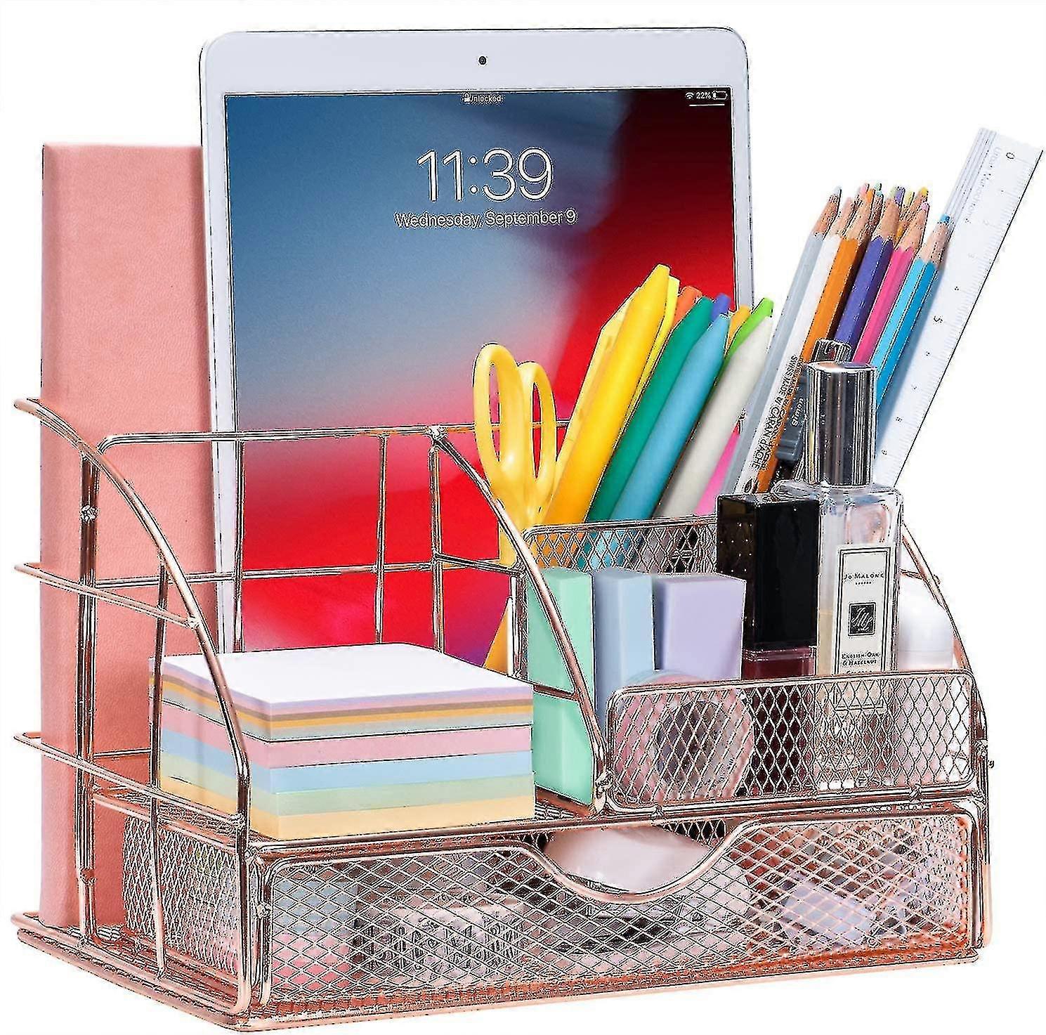 Desk Tidy Drawer Organiser, Office Stationary With 5 Compartments + 1 Large Drawer | The Mesh Collection, Rose Gold