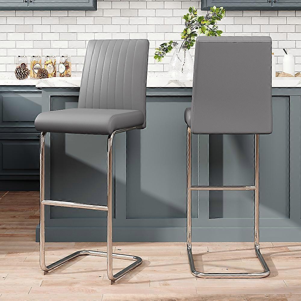 2 Pcs Grey PU Bar Stools with Backrest