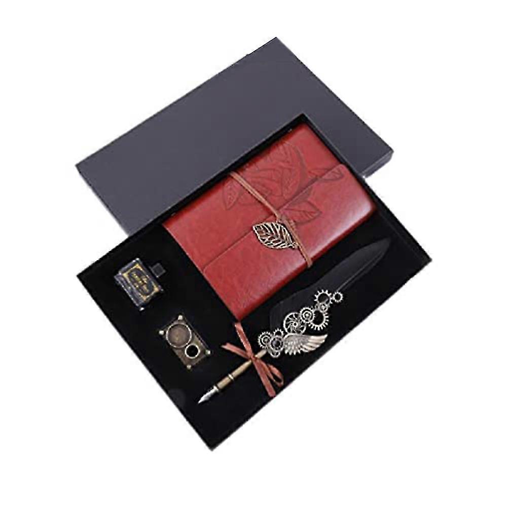Vintage Feather Pen And Ink Set Retro Quill Dip Pen Calligraphy Writing Signature Pen With Notebook