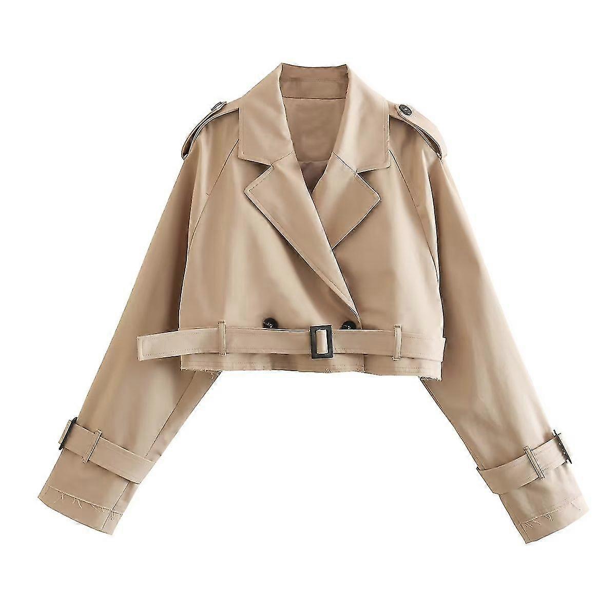 Khaki Cropped Trench Women Long Sleeves Cropped Design Jacket Chic Lady High Street Casual Loose Coats Top Female New