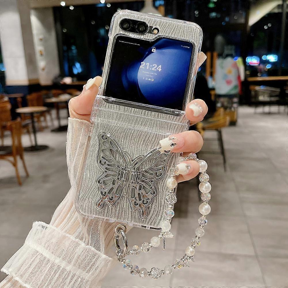 Galaxy ZFlip6 Shiny Butterfly Case, butterfly that can be unfolded, Electroplated Wave Butterfly Galaxy ZFlip6 folding screen case, including bracelet