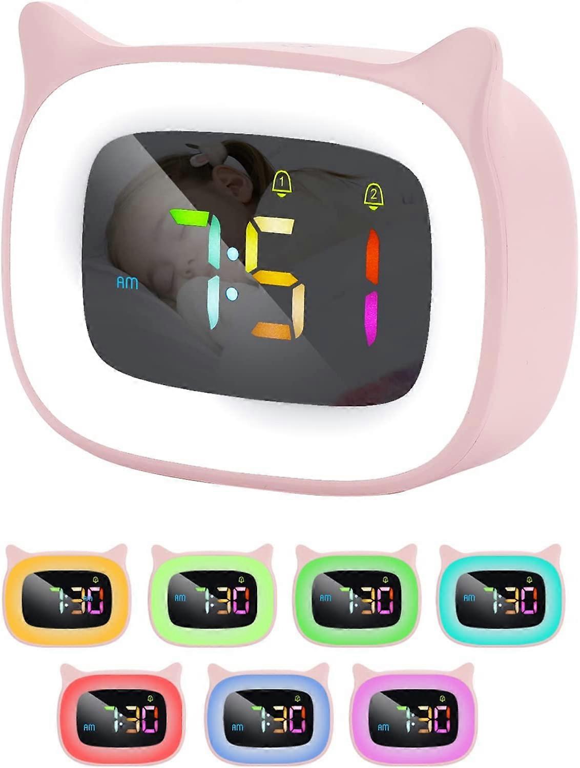 Kids Alarm Clock Ok to Wake Alarm Clock for Girls, RGB 7-Color Night Light Alarm Clocks, Cat Desk Clock with Sleep Training and Sound Machine, for Kid