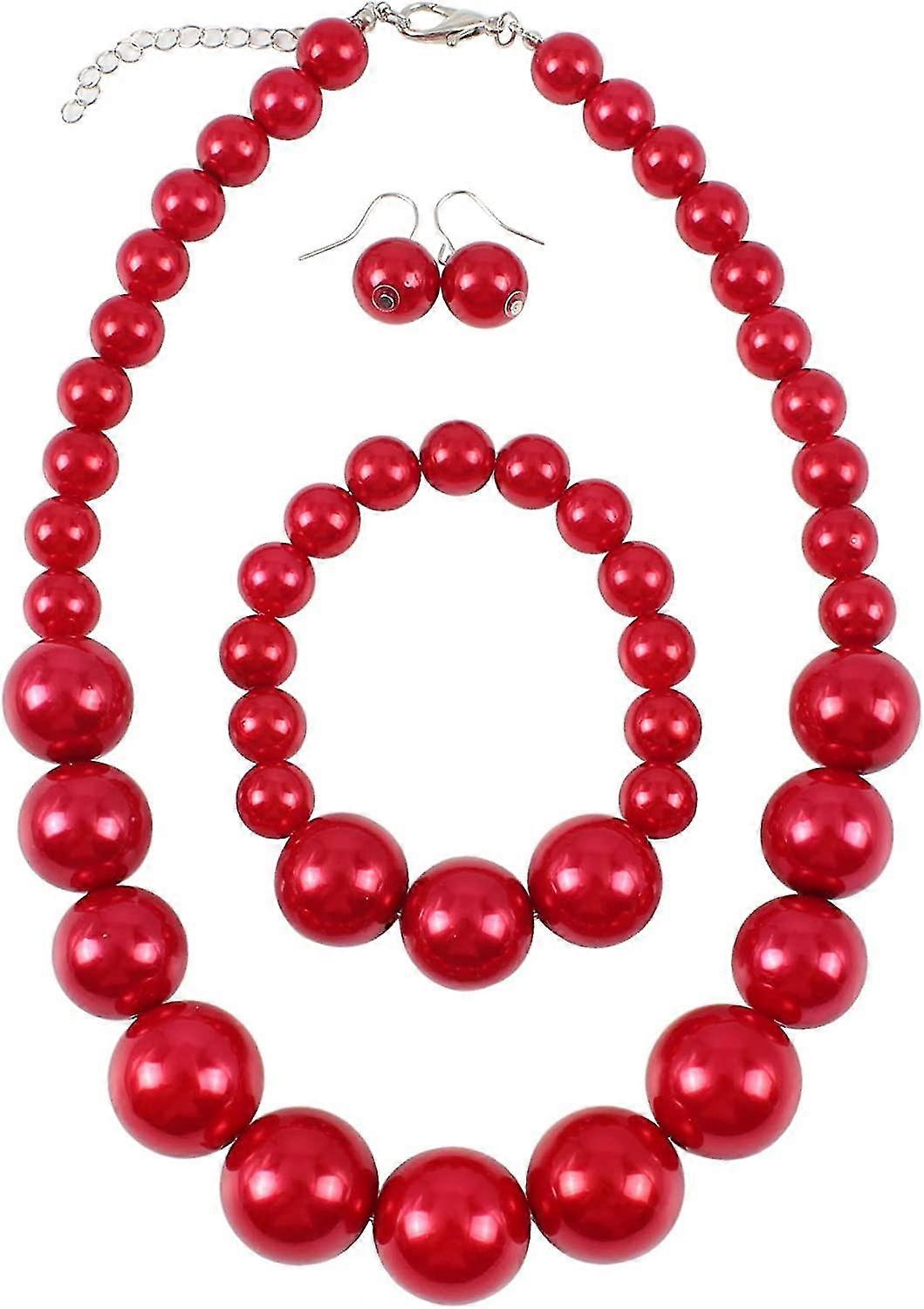 Simple Grand Gros Simulé Perle Déclaration Collier Bracelet Et Boucles D’oreilles Ensemble De Bijoux (rouge) nouveau