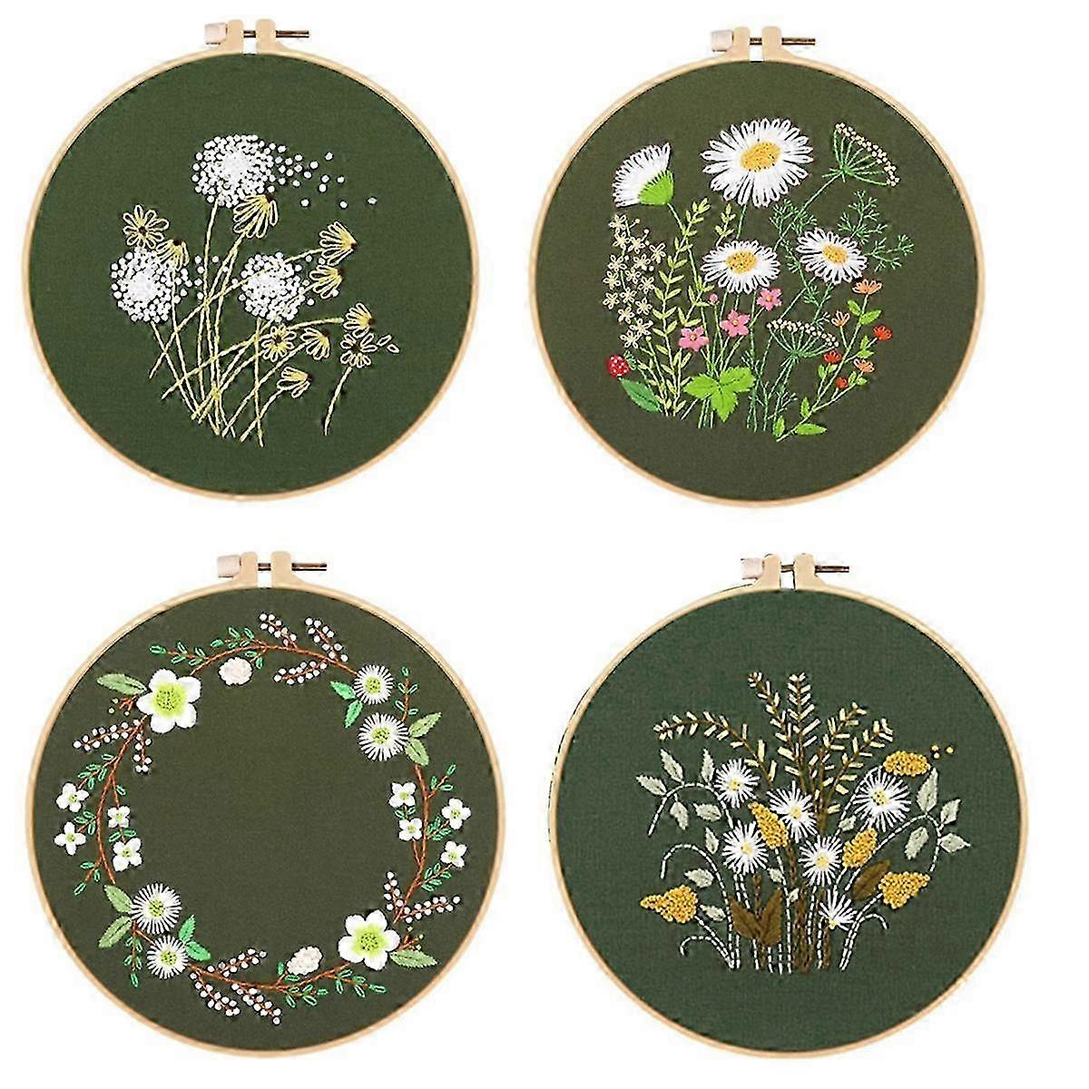 4 Sets Hand Embroidery Kit For Beginners Adults , Embroidery Kit Includes Flower, Hoop, Color Threads, Tools
