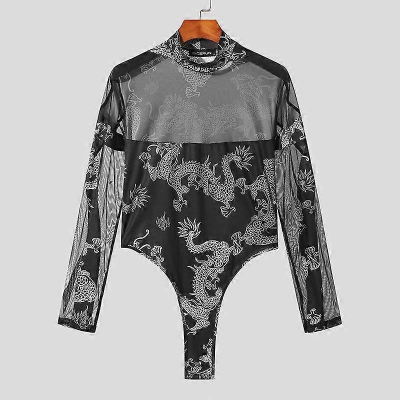 INCERUN Men Long Sleeve Slim Fit Mesh Bodysuits Printed Jumpsuits