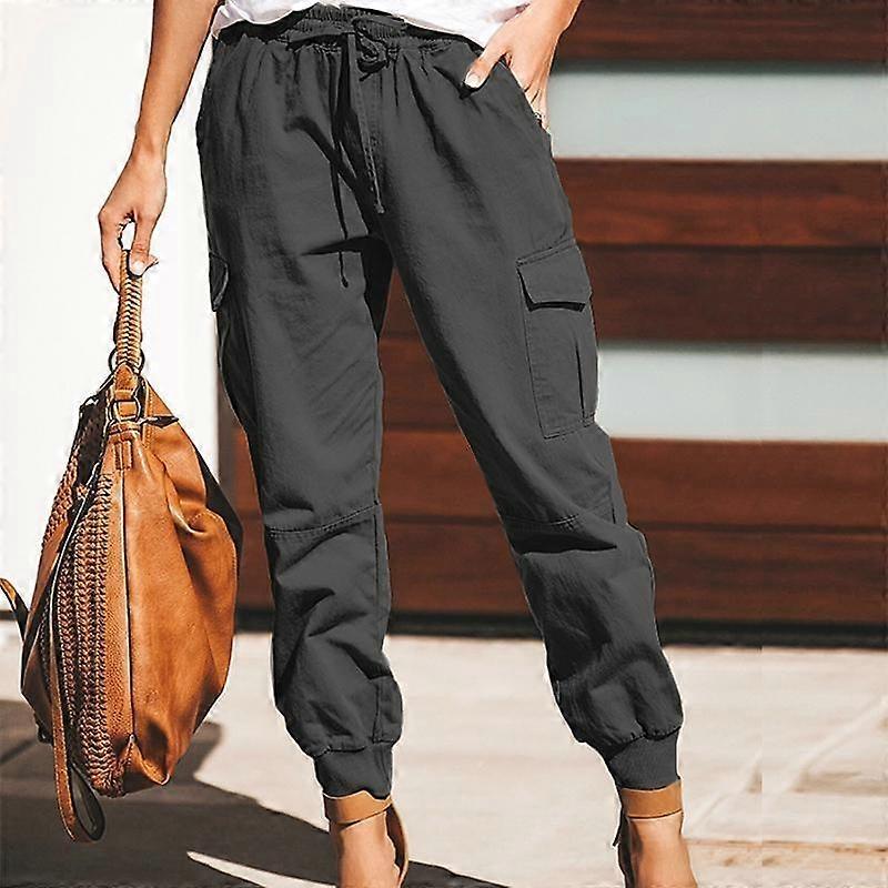 Cool Girl and Women Elastic Cargo Pants Waistband Pants Stylish Summer Spring Solid Color with Pocket Thread Hem Pants