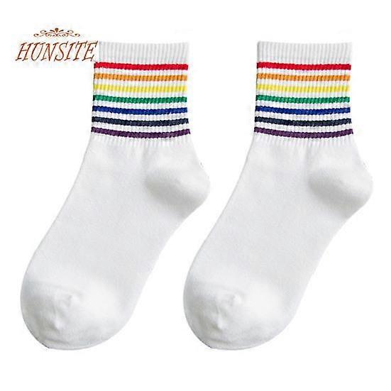 1 Pair Winter Socks, Rainbow Color Striped Preppy Style, Thick Anti-slip Warm Soft Mid-tube, No Odor, Ankle Protection, Lady Socks