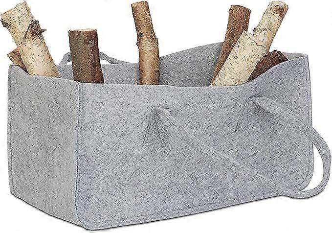 1x Log basket, felt, 2 handles, foldable, magazine rack, HxWxD: 25x25x50 cm, firewood tote, grey